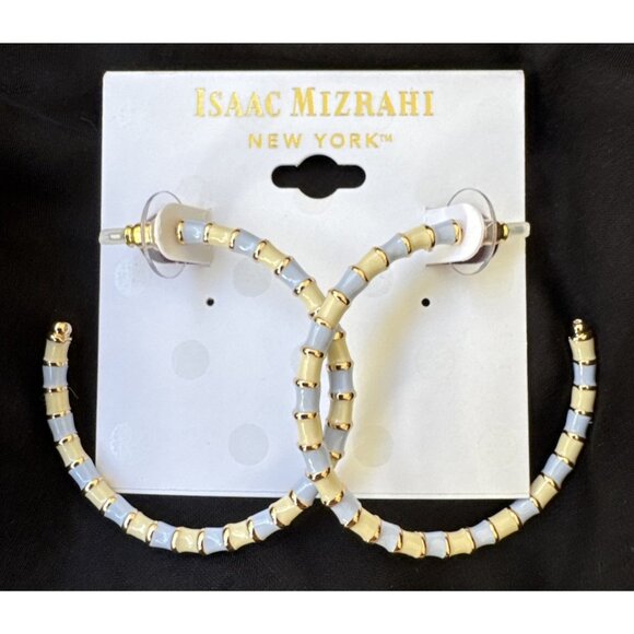 Isaac Mizrahi Bold Blue Cream Gold Enamel Hoop Earrings MSRP $38 NEW - Picture 1 of 9